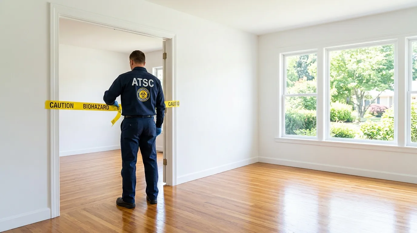 Certified biohazard cleanup crew performing Trauma Scene Cleanup in Elmont